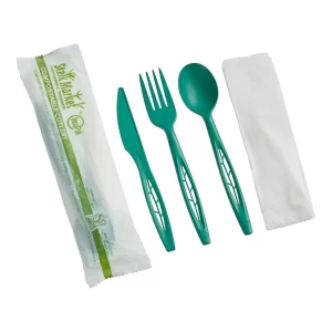 Jungle Bloom Dark Green No PFAS Added Compostable CPLA Plastic Cutlery Pack - 250/Case